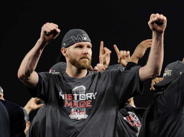 Oct 28, 2018; Los Angeles, CA, USA; Boston Red Sox pitcher Chris Sale celebrates after defeating the Los Angeles Dodgers in game five of the 2018 World Series at Dodger Stadium.
